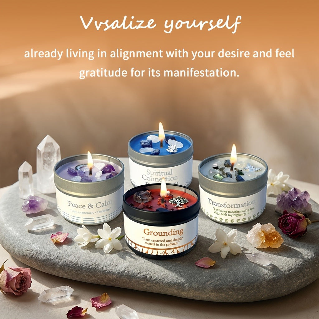 Crystal Soy Wax Candle Tins, 3 oz Scented Intention Candles in Single or Two-Pack Themes for Meditation Spaces, Reading Nooks and Birthday Gifts