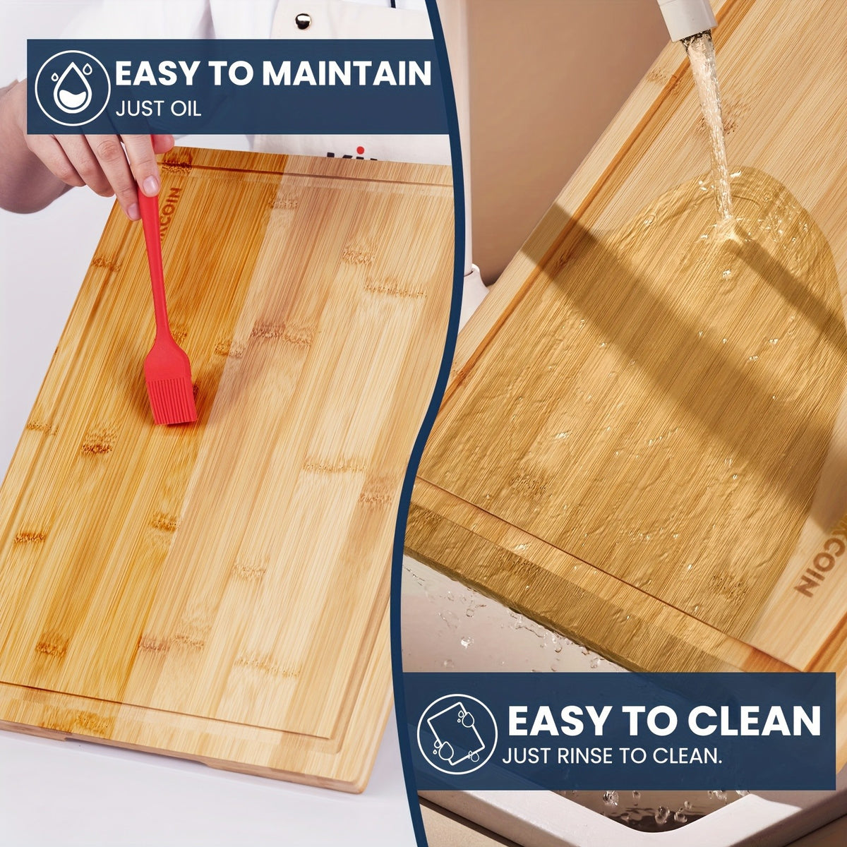 Bamboo Cutting Boards with Juice Grooves, Single Board or 4 Piece Options for Vegetable Meat Fruit Bread and Cheese Prep with Storage Rack Shown