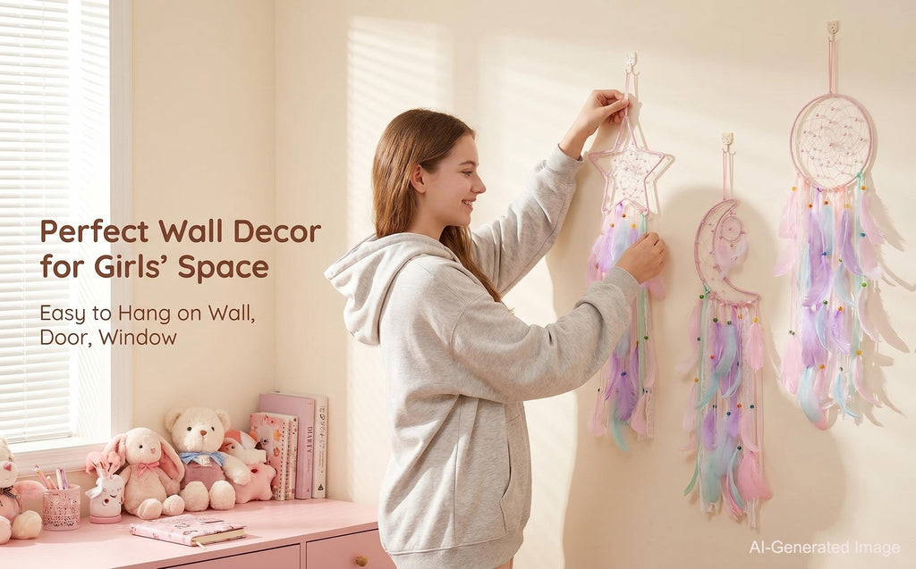 Star Moon Dream Catcher Set, 3-Piece Feather and Bead Wall Hangings with Round Sun Design in Pink White Black or Brown for Teen Girls Bedroom Decor