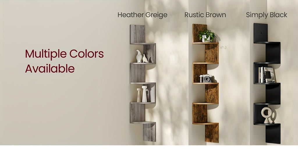Five Tier Corner Wall Shelf, Zigzag Floating Display Organizer in Black, White, Rustic Brown or Greige for Bedroom and Living Room Storage