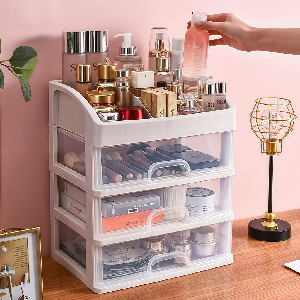 Makeup Storage Organizer with Six Top Compartments and Three Pull-Out Drawers, Four-Layer PP Plastic Cosmetic Holder for Skincare, Vanity and Desk Essentials