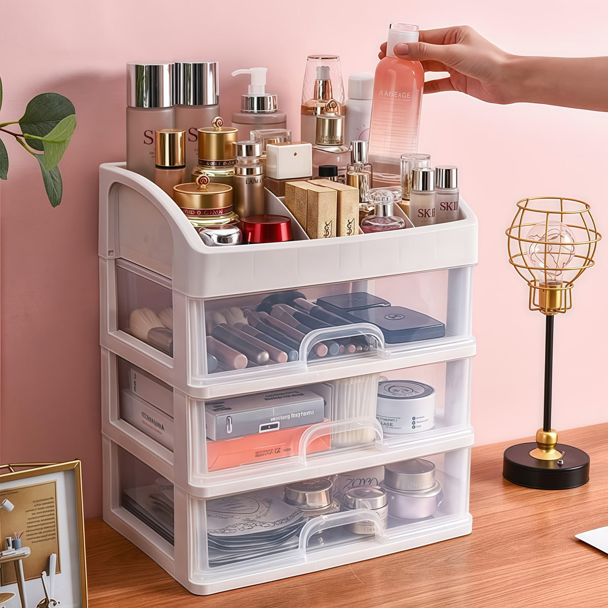 Makeup Storage Organizer with Six Top Compartments and Three Pull-Out Drawers, Four-Layer PP Plastic Cosmetic Holder for Skincare, Vanity and Desk Essentials