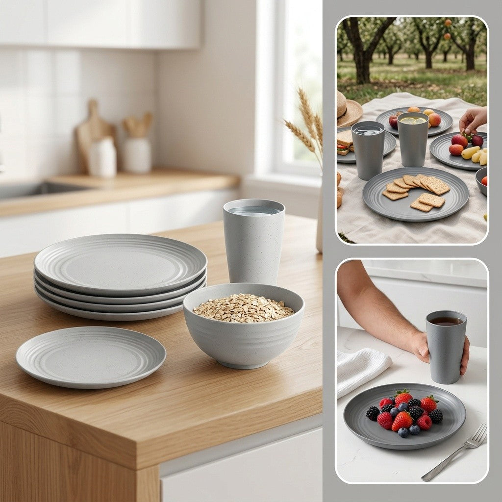 [Unbreakable Dinnerware Set] 32/16/4pcs Wheat Straw Dinnerware Set | Service for 8/4, Large Size Modern Dish Set-Plate/Dessert Plate/Bowl/Cup, Lightweight Tableware, Perfect for Camping, Gifts for Christmas/Halloween, Local Warehouse Items