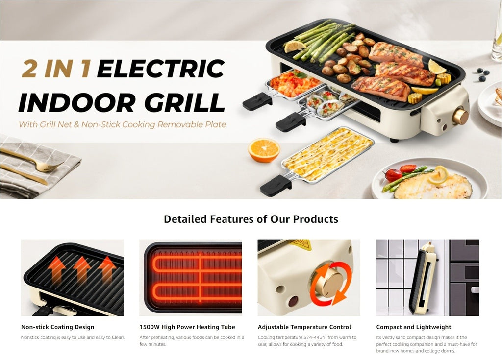 Electric Smokeless Grill Indoor BBQ Grill & Griddle with Non-Stick Removable Plate, Portable Suitable for, Dishwasher Safe, 1500W Fast, 304 Stainless Plate & Hot Pot, Gifts for Christmas, Compact for Small Spaces