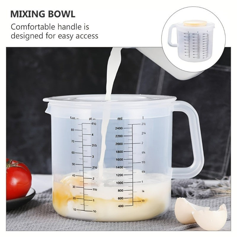 Multi Functional Mixing Bowl with Lid, 84.54oz Large Capacity, Equipped with Measuring Cup and Scale. Splash Proof Design, Durable Plastic, Perfect for Salad Making, Baking and Food Storage.