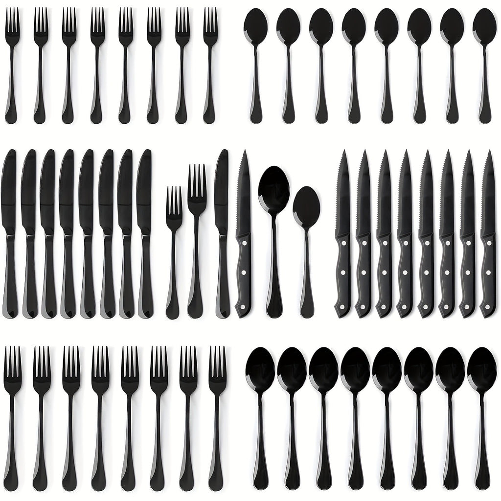 24/48pcs Black Silverware Set With Steak Knives Service For 4/8, Christmas Stainless Steel Flatware Set, Mirror Polished Kitchen Accessories, Home Kitchen Party Eating Tableware Set, Include Fork Knife Spoon Set, Dishwasher Safe (Silver, Black)