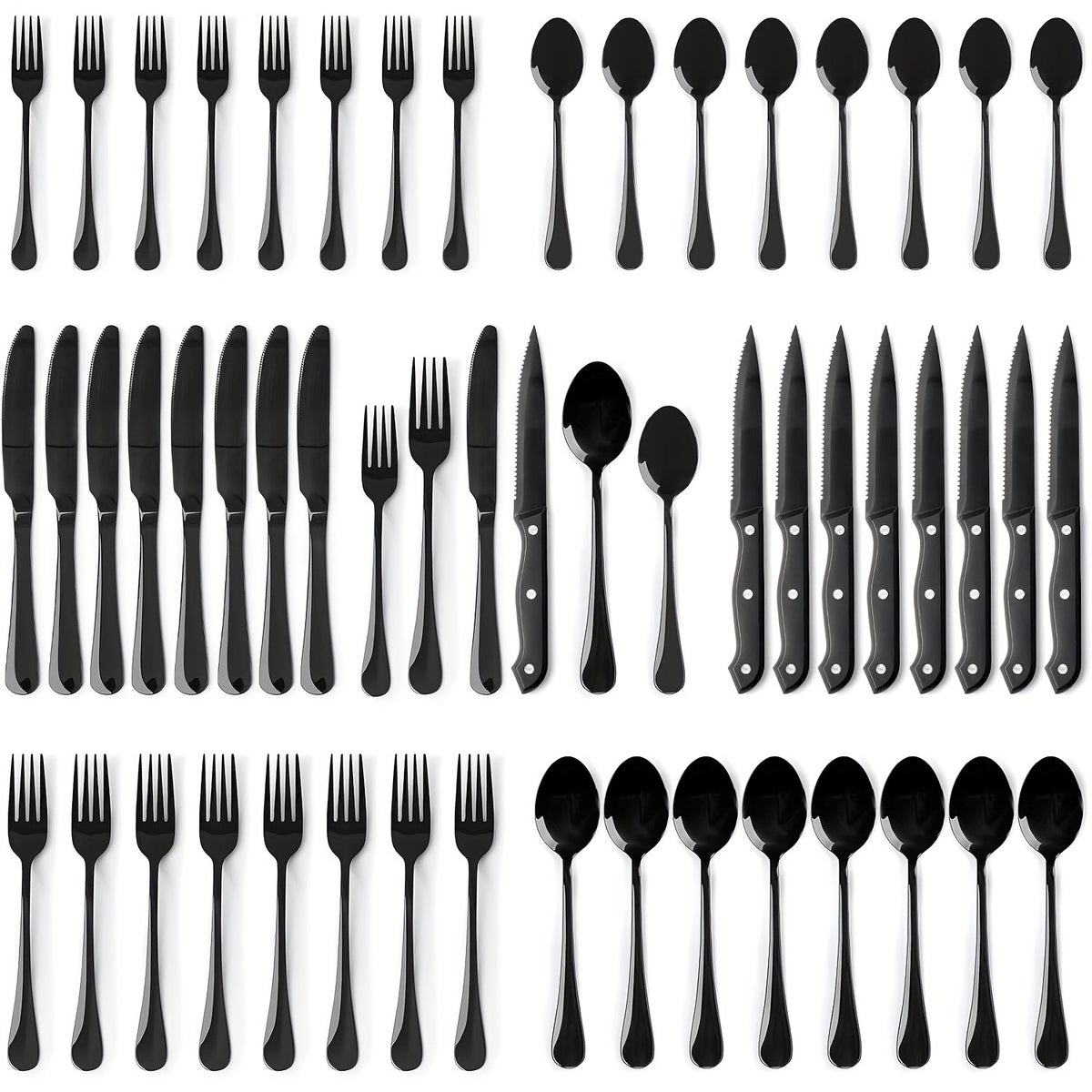 24/48pcs Black Silverware Set With Steak Knives Service For 4/8, Christmas Stainless Steel Flatware Set, Mirror Polished Kitchen Accessories, Home Kitchen Party Eating Tableware Set, Include Fork Knife Spoon Set, Dishwasher Safe (Silver, Black)