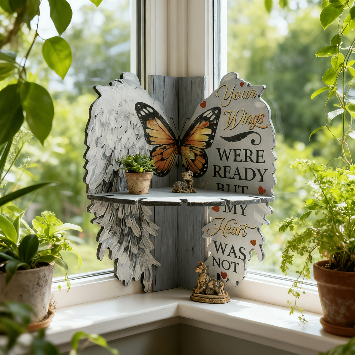 Angel Wing Memorial Corner Shelf, Light Grey Wooden Wall Display with Remembrance Quote and Butterfly Design for Keepsakes, Crystals and Home Decor