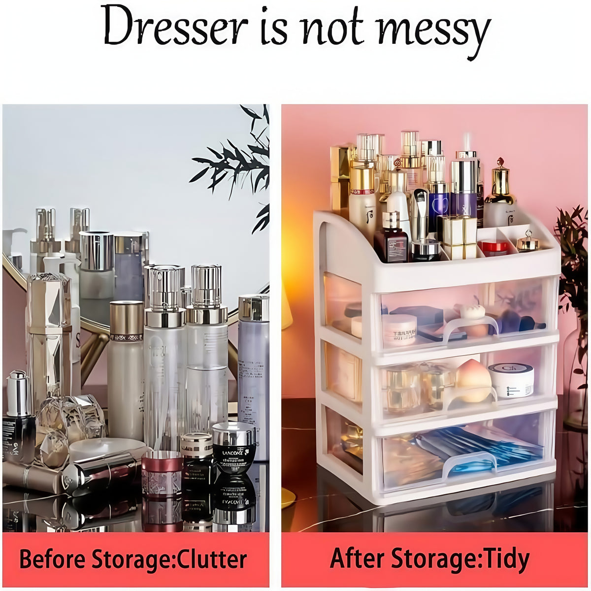 Makeup Storage Organizer with Six Top Compartments and Three Pull-Out Drawers, Four-Layer PP Plastic Cosmetic Holder for Skincare, Vanity and Desk Essentials