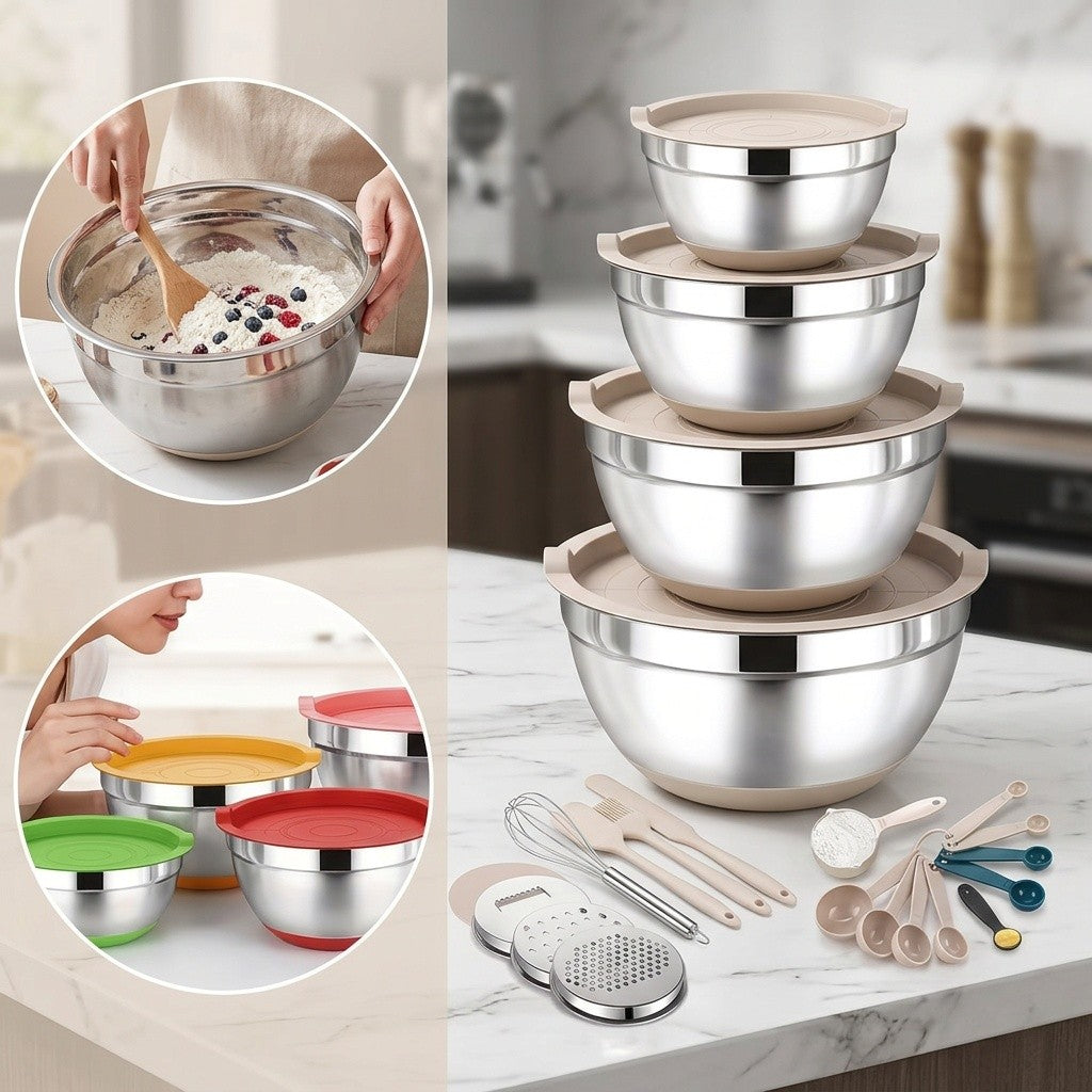 26pcs Stainless Steel Mixing Bowl Set With Sealed Lid And Anti Slip Silicone Bottom, 6 Bowls 4.5, 3.6, 2.7, 2.1, 1.7, 1.1QT Sizes+kitchen Tools, Suitable For Baking, Salad Making, Mixing, Kitchen Tidying, Christmas, Father'S Gifts, Gifts For Men