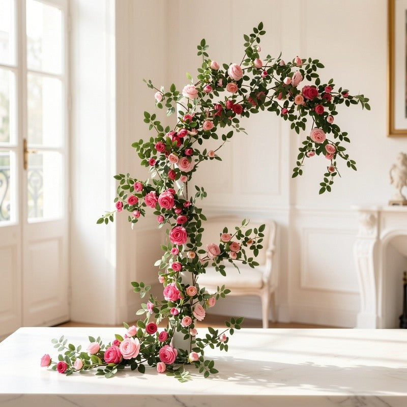 1 Double Pink Rose Vine - Artificial Garland with Richly Layered Petals, Soft Color Transitions, and a Design That Closely Mimics the Form of Real Roses. Paired with Lush Foliage, It Creates a Vibrant, Natural Vitality. Perfectly Blends into French