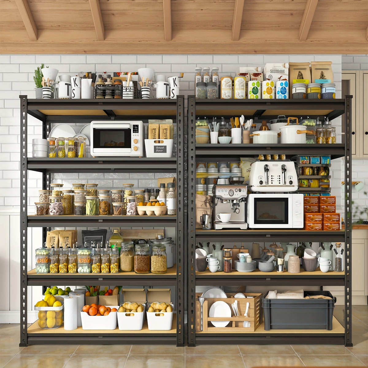 [Heavy-Duty Home Storage Shelf] 60"H Five-Tier Storage Rack, 2000LBS Capacity, Adjustable Storage Shelf, Sturdy Wooden Shelving Unit, Space-Saving Freestanding Kitchen Pantry Basement Utensil Rack, 27.6"W X 11.8"D X 60"H Practical Storage Shelf