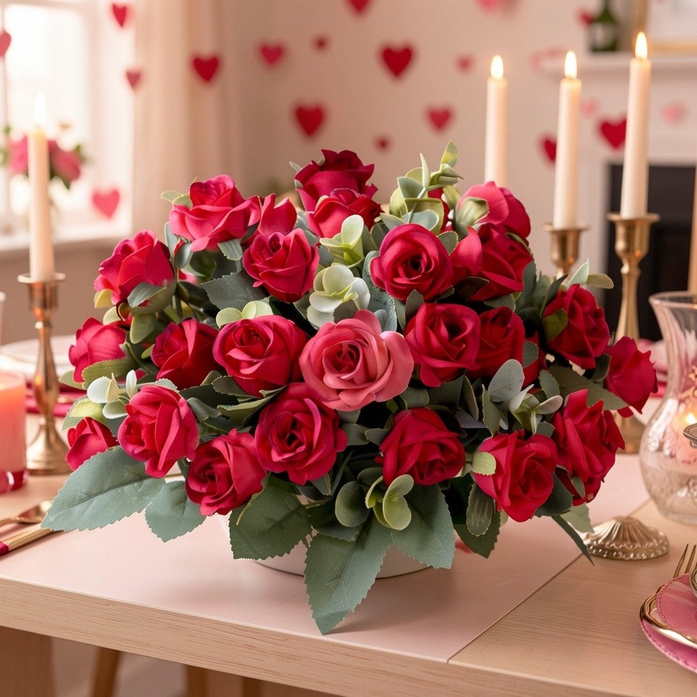 4 Bunches of Realistic Artificial Roses - Vibrant Pink, Red, White And Green Plastic Faux Flowers, Suitable for Valentine'S Day, Weddings, Home Decoration, Indoor/ Outdoor Flower Arrangements (No Maintenance Required)