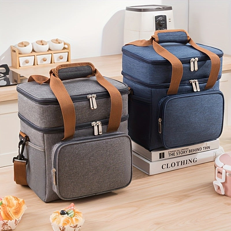 Expandable Double-Layer Insulated Lunch Bag - Leakproof, Durable Cooler Tote for Work, Office, Picnic & Beach - Lightweight with Adjustable Shoulder Strap