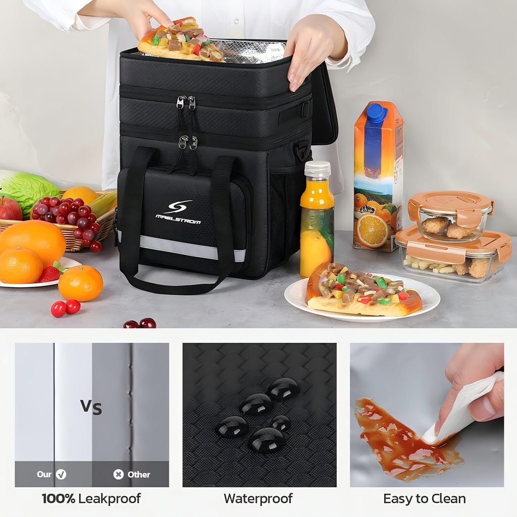 Insulated Leakproof Lunch Cooler Bag for Men & Women - Durable Polyester Square Lunch Tote with Multiple Compartments, Front Pocket & Side Mesh Pockets, Food-Safe Hand Washable for Office, Picnics, Outdoor Activities, Insulated Lunch Bag, Meal Prep Storag