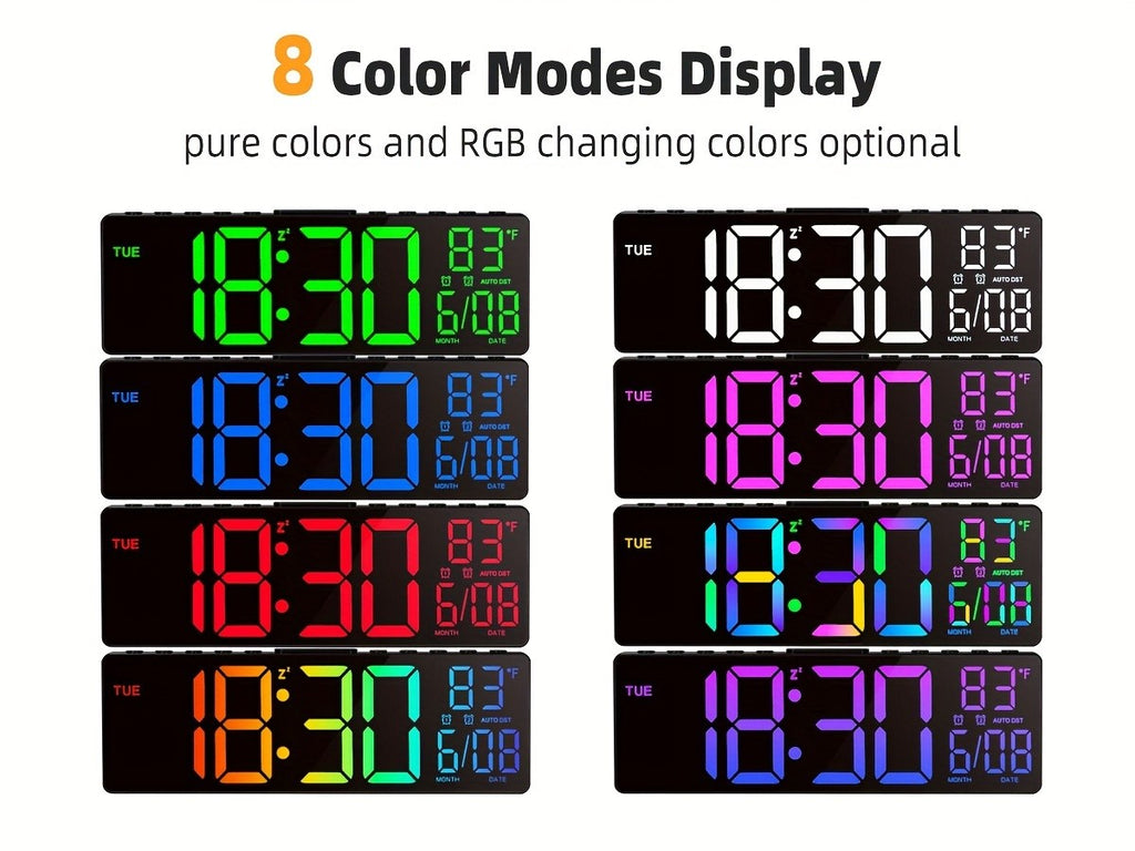 10.5 Inch Large Digital Wall Clock with Dual Alarms, Night Light, Large LED Screen Display, 8 RGB Colors, Auto DST, Temperature, Brightness Adjustment for Living Room, Bedroom, Kitchen Elderly Gift