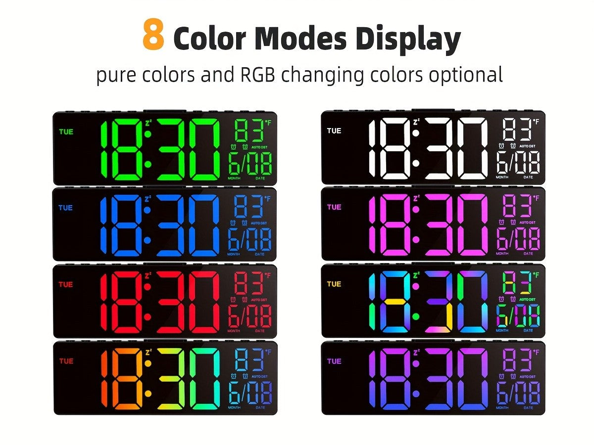 10.5 Inch Large Digital Wall Clock with Dual Alarms, Night Light, Large LED Screen Display, 8 RGB Colors, Auto DST, Temperature, Brightness Adjustment for Living Room, Bedroom, Kitchen Elderly Gift