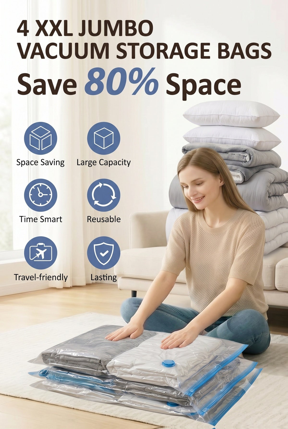 Jumbo Vacuum Storage Bags, Vacuum Seal Bags for Clothing, Travel Space Saver Bags for Luggage Clothes Pillows Comforters Blankets Bedding 4pcs 8pcs 10pcs 12pcs 20pcs 30pcs
