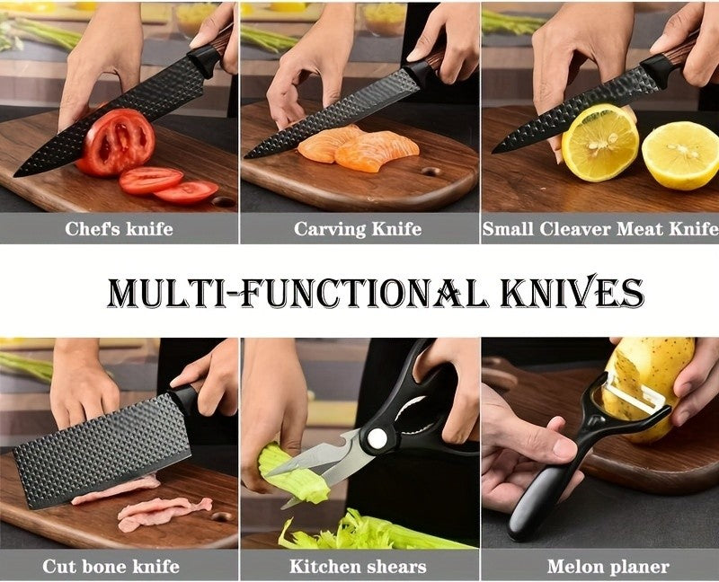 Professional 6pcs Kitchen Knives Set, Chef, Cleaver, Slicer, Utility Knife Peeler& Scissors High Carbon Stainless Steel Ultra Sharp with Non-Stick Ergonomic Wood Handle Cooking Chef Knife Set for Home Travel Vegetable, Meat, Fruit Gift Box