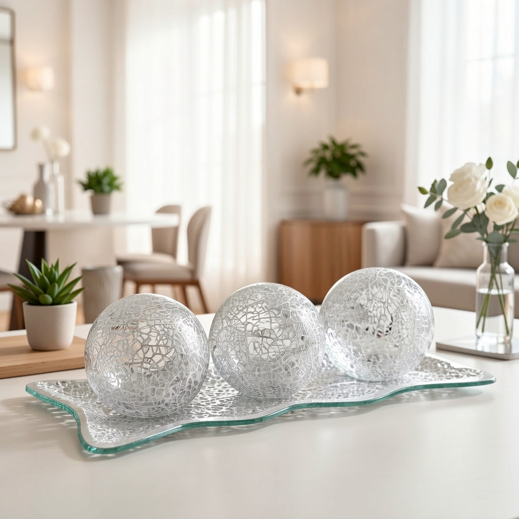 Decorative Glass Balls with Tray, 3-Piece 3-Inch Sphere Set and Glass Display Tray for Coffee Table Centerpieces, Dining Room and Living Room Decor
