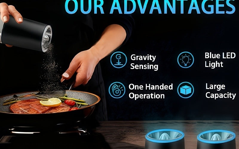 2pcs Gravity-powered Electric Salt and Pepper Grinder Battery-powered LED Light One-handed Automatic Operation Adjustable Coarse Grinder Grinder Black Rocking Chair Creative Kitchen Gadget Gift Battery-powered to Choose