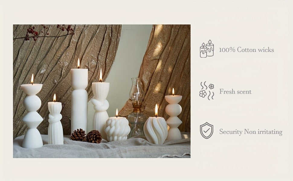 7-Pack Large Ribbed Pillar Candles - Soy Wax Handmade Home Decor Candles For Housewarming Gift, Shelf Decor, Wedding, Dining Table Centerpiece