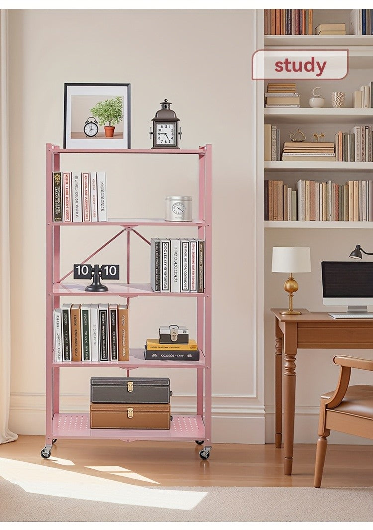 No-Assembly Rolling Storage Rack, 3 4 or 5 Tier Folding Metal Shelves with Locking Wheels in Pink, Green, Black or White for Kitchen and Dorm Organization