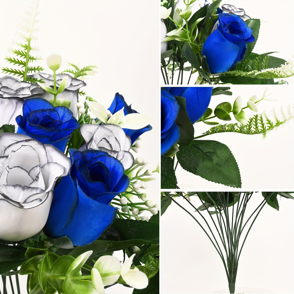 Artificial Cemetery Flowers in Blue and White, Rose Headstone Saddle and Grave Vase Bouquet Options for Memorial Day and Loved One Remembrance