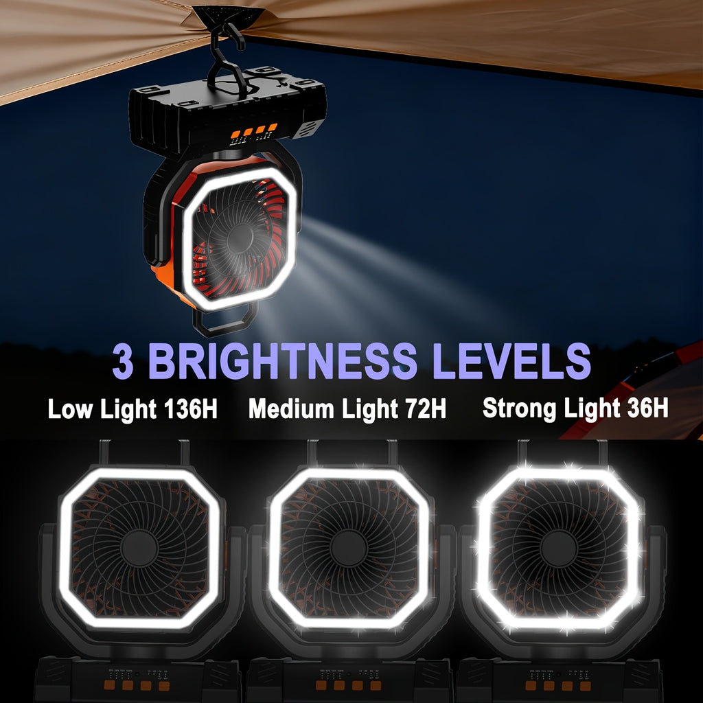 [For Indoor/Outdoor] 3-In-1 Indoor Outdoor Camping Fan Light Power Bank 20000mAh, 4-Speed Wind LED Dimming, Multi-Angle Rotation, Long-Lasting Power For Hiking Tent Office