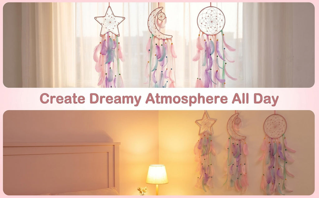 Star Moon Dream Catcher Set, 3-Piece Feather and Bead Wall Hangings with Round Sun Design in Pink White Black or Brown for Teen Girls Bedroom Decor
