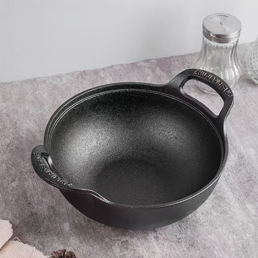 5 Sizes Cast Iron Wok, 7.87/ 9.84/ 10.62/ 11.81/ 12.59in Heavy-Duty Cast Iron Skillet, Traditional Uncoated Deep Stir-Fry Pan, Multi-functional Kitchen Cookware, Durable Cooking Pot with Dual Handles, Grilling Steaks & Baking, Ideal for Home, Outdoor