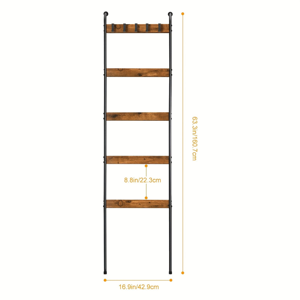 Decorative Blanket Storage Ladder, 5-Tier Throw and Towel Rack with 10 Removable Hooks in Brown or Black for Farmhouse Living Room and Bathroom Organization