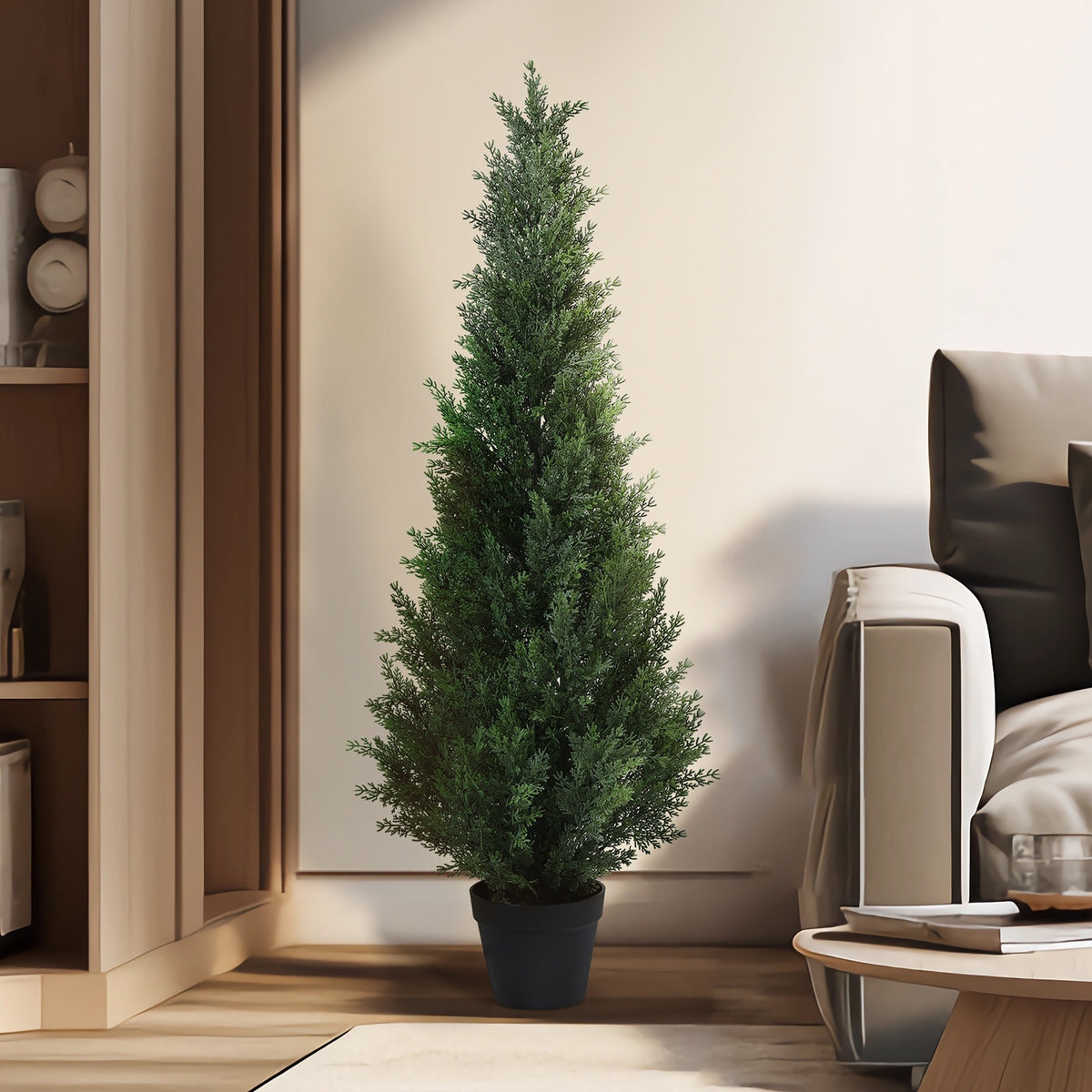 Outdoor Artificial Topiary Cedar Tree - 1pc/2pcs Fake UV Rated Potted Plants - 3/4/5FT Faux Pine Bushes And Shrubs For Front Porch Home Office Decor