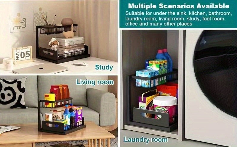 2Pack-2-Tier Slide-Out Under Sink Organizer -Pull-Out Cabinet Shelf with Adjustable Compartments, Featuring a Sliding Pull-Out Shelf Made of Metal, Ideal for Organizing Kitchen, Bathroom, Pantry, Or Closet Spaces
