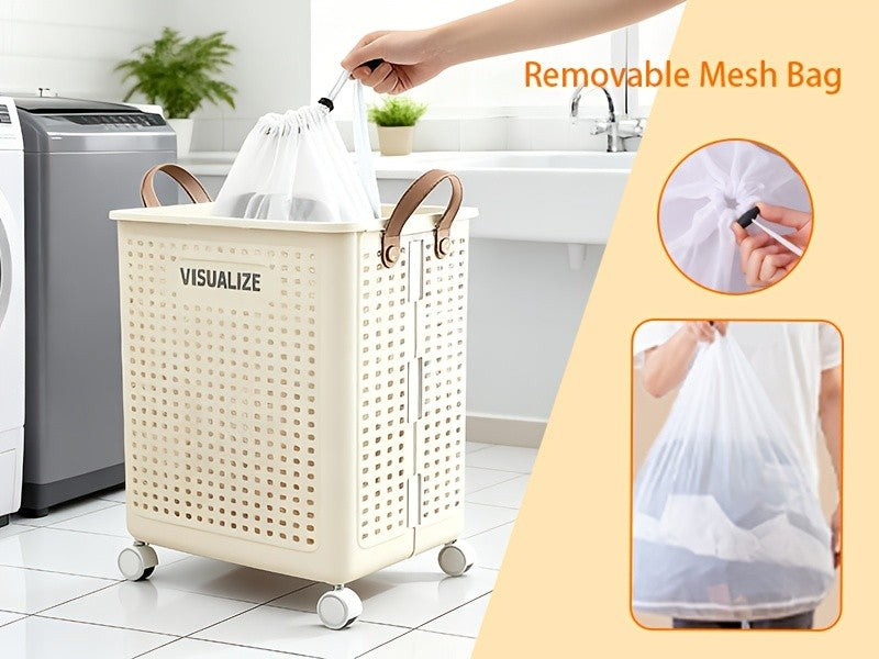 Large And Medium Foldable Ceramic White Laundry Baskets - Pu Leather, Hand Washable, Solid Color, Multi-Functional Portable RV Dirty Clothes Hamper with Wheels for RV Bathroom And Balcony Storage with 2 Stickers