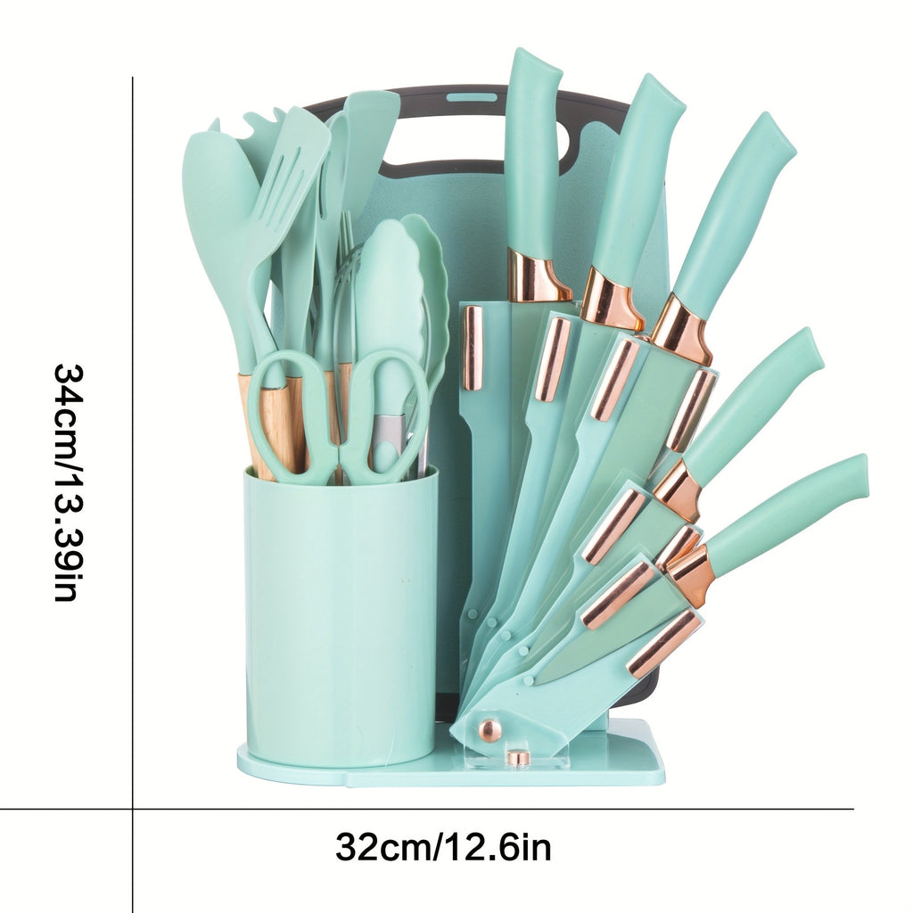 Kitchen Knife and Utensil Set, 19-Piece Collection with Non-Stick Knives, Wooden Handles, Silicone Cooking Tools, Cutting Board, Scissors and Holder