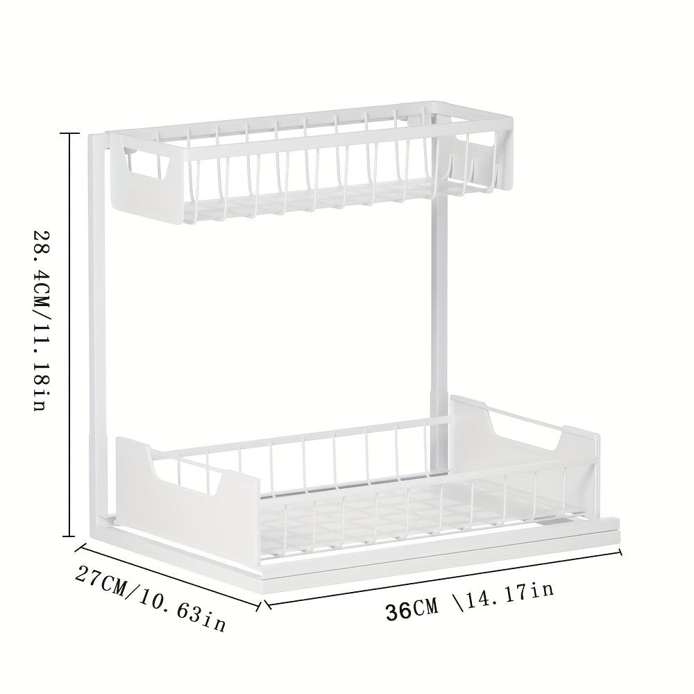 Sliding Under Sink Storage Rack, Two-Tier Metal Cabinet Organizer with Narrow Upper Basket and Pull-Out Lower Drawer in Black White or Gray, 1 or 2 Pack