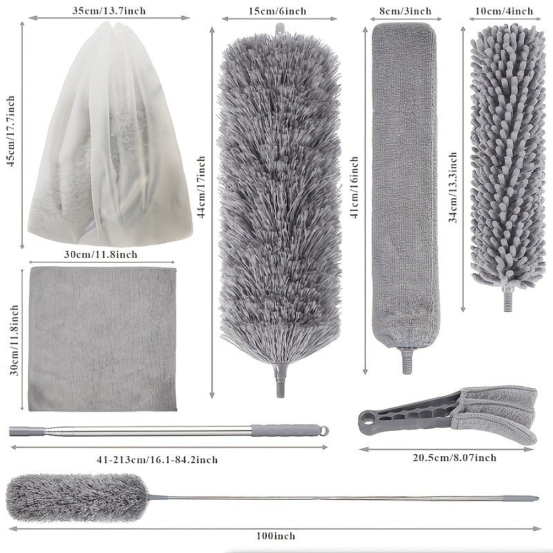 9/12pcs Microfiber Duster Kit for High Ceiling, Extendable Dusters for Cleaning with 100" Extension Pole, Washable and Retractable Long Feather Duster for Home Car Furniture Cobweb, Blinds, House Cleaning Tool Kit