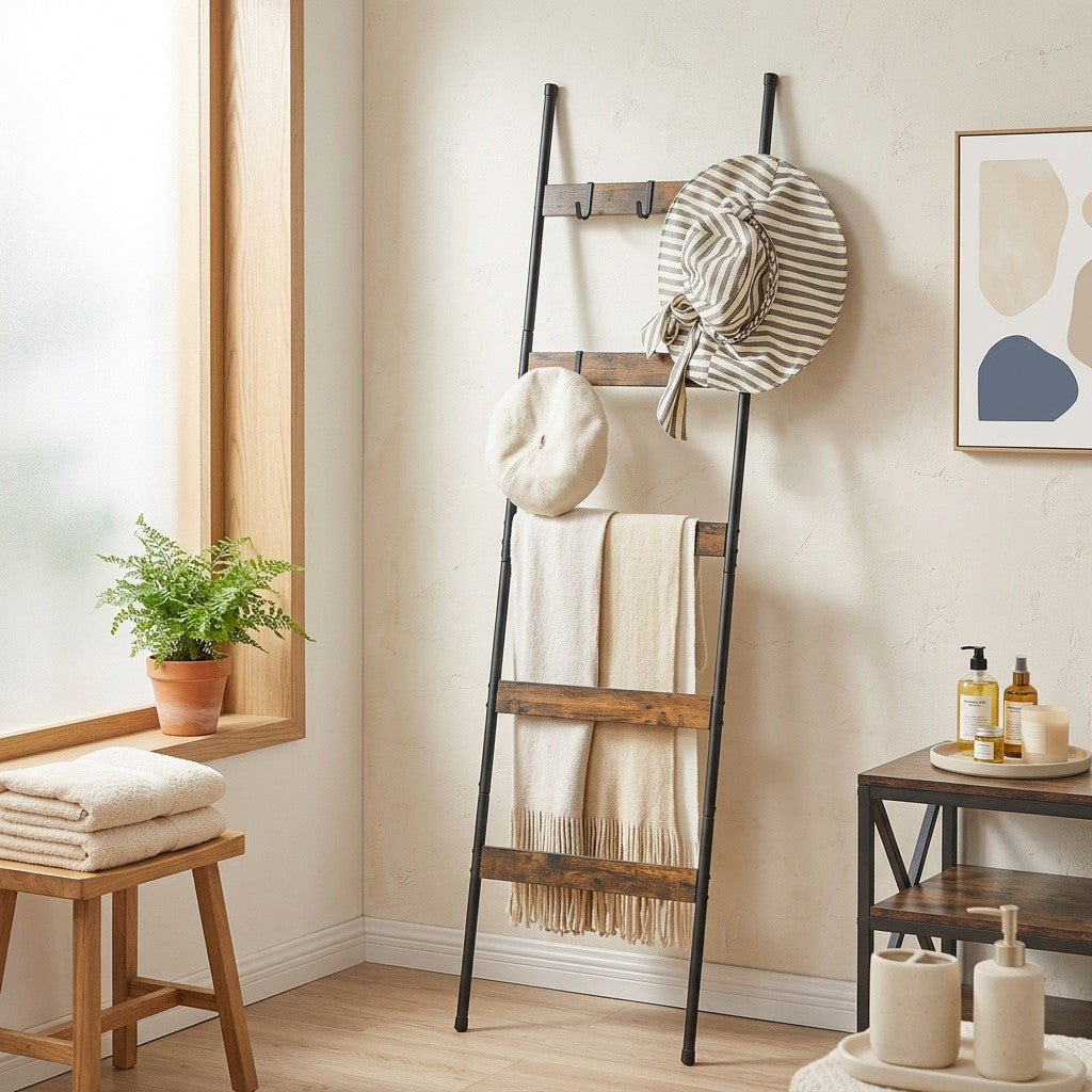 Blanket Ladder, 5 Tier Blanket Holder with 10 Removable Hooks, Farmhouse Style Blanket Ladder for Living Room Bathroom, Decorative Wall Mounted Wooden Quilt Standing Towel Drying Storage Rack