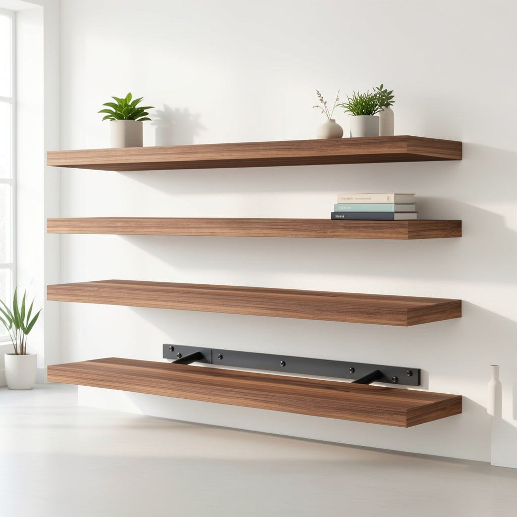 TOMNK Floating Shelves, 4pcs, 56cm/22in, Wall Shelves For Bathroom/Living Room/Bedroom/Kitchen Decor, Shelves With Invisible Brackets Set (Walnut/Light Brown/White/White Oak/Black)