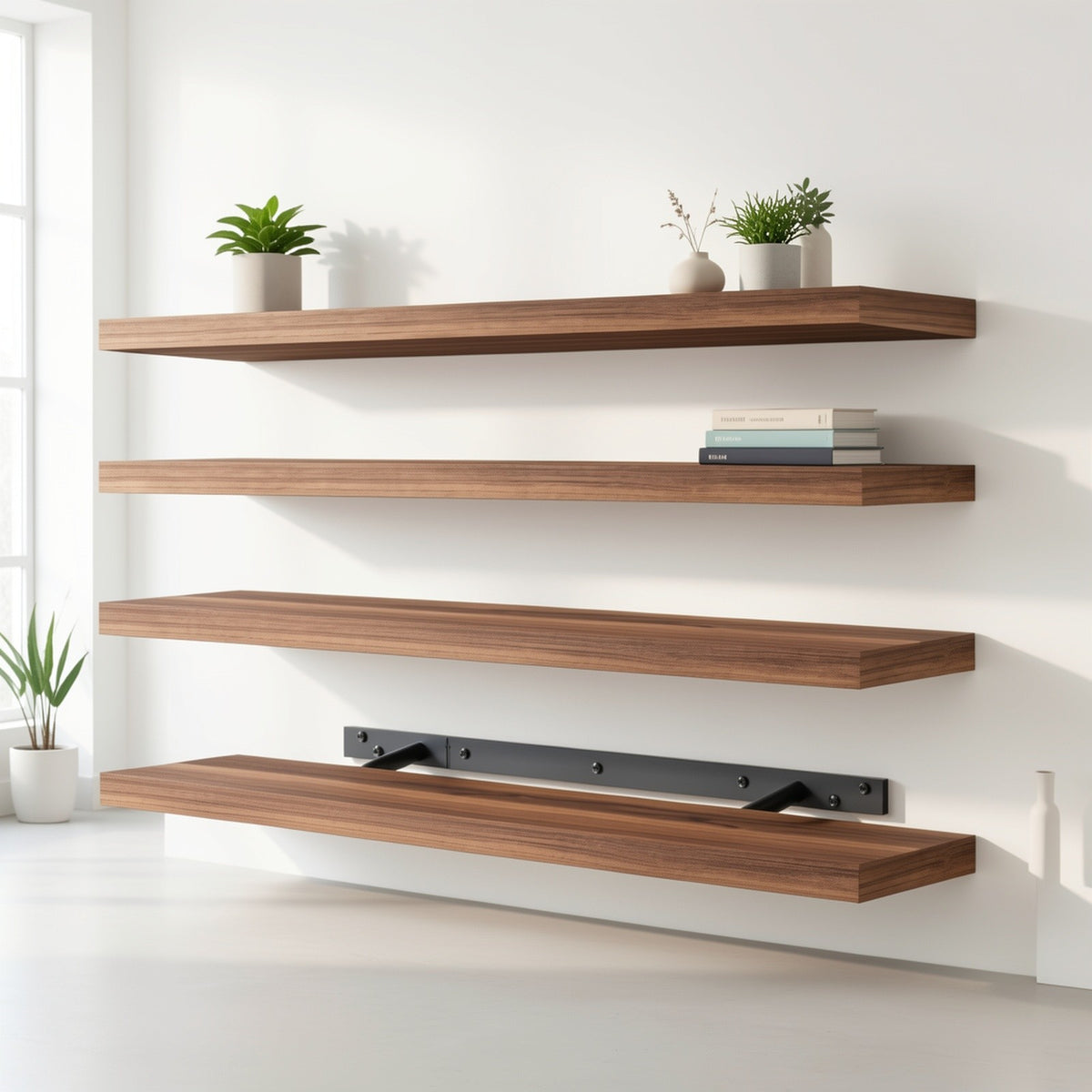 TOMNK Floating Shelves, 4pcs, 56cm/22in, Wall Shelves For Bathroom/Living Room/Bedroom/Kitchen Decor, Shelves With Invisible Brackets Set (Walnut/Light Brown/White/White Oak/Black)
