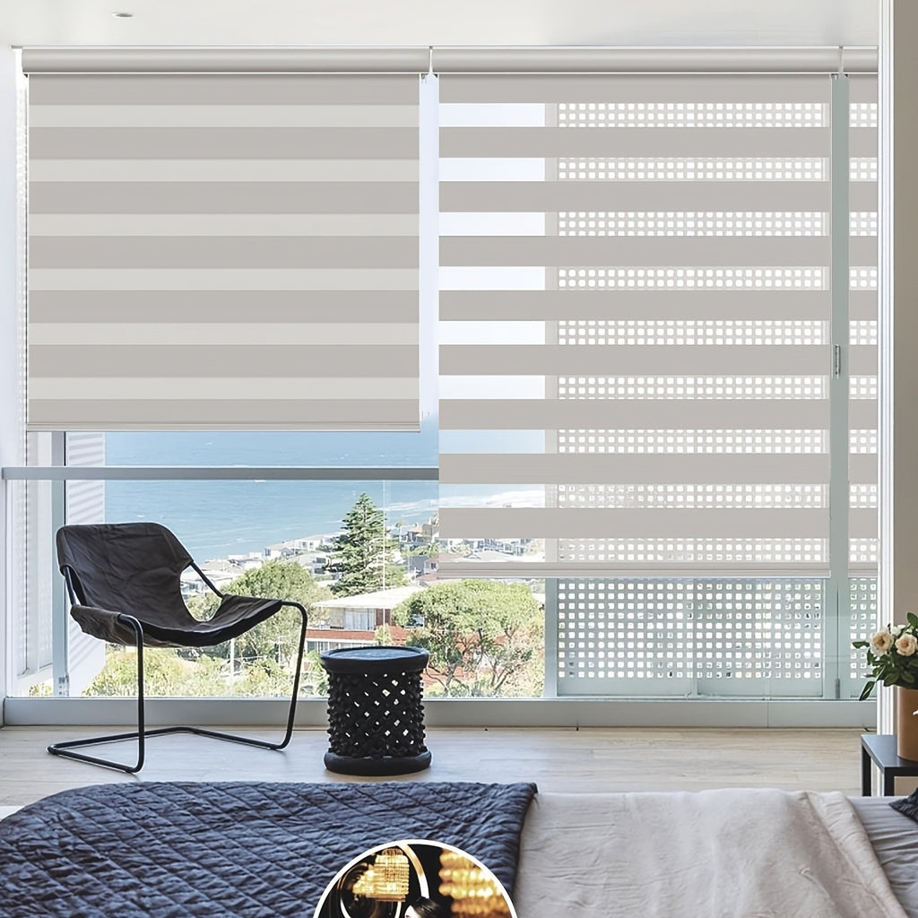Cordless Zebra Blinds for Windows and Doors, Dual Layer Light Filtering Roller Shades in White, Beige, Grey or Black for Bedroom and Living Room Privacy