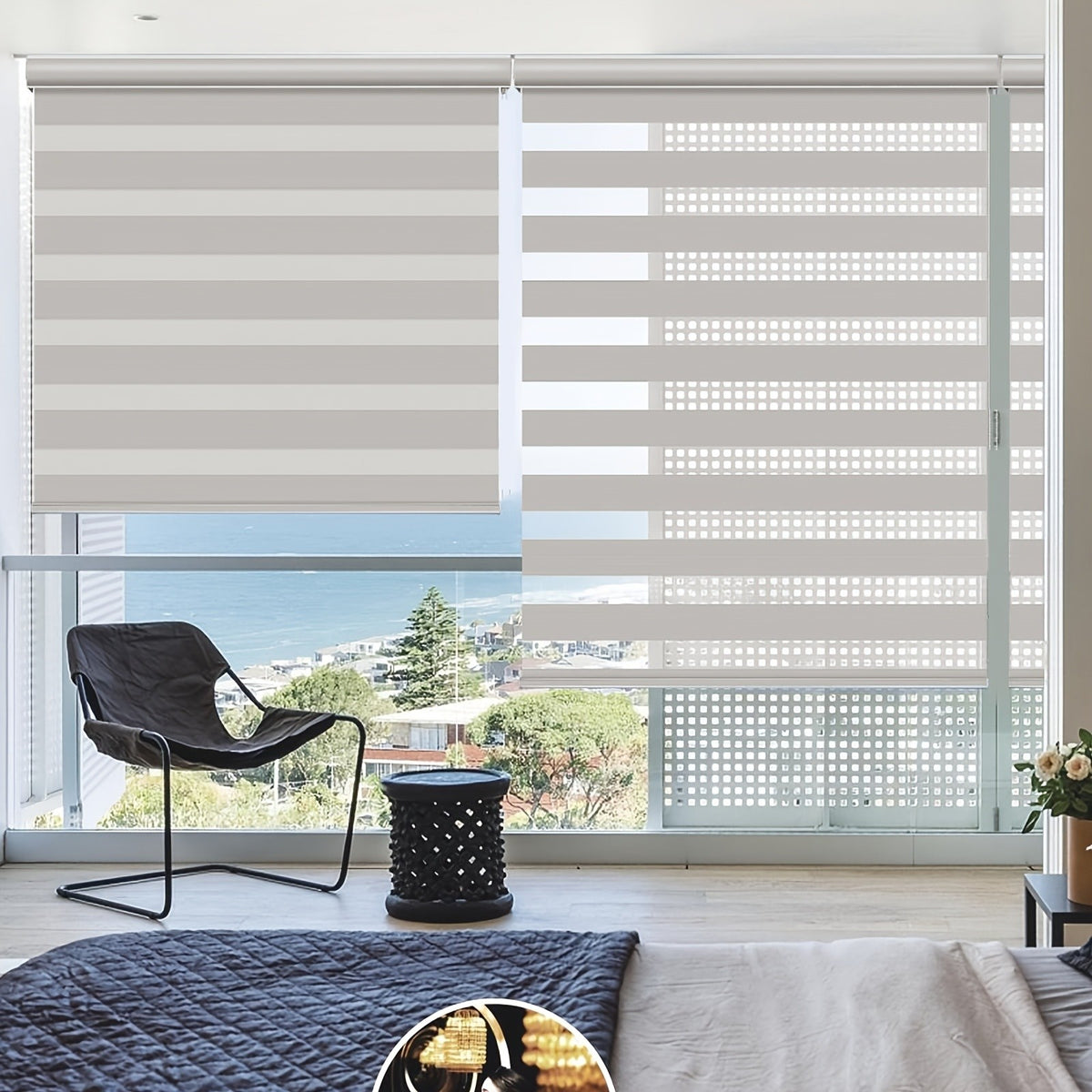 Cordless Zebra Blinds for Windows and Doors, Dual Layer Light Filtering Roller Shades in White, Beige, Grey or Black for Bedroom and Living Room Privacy