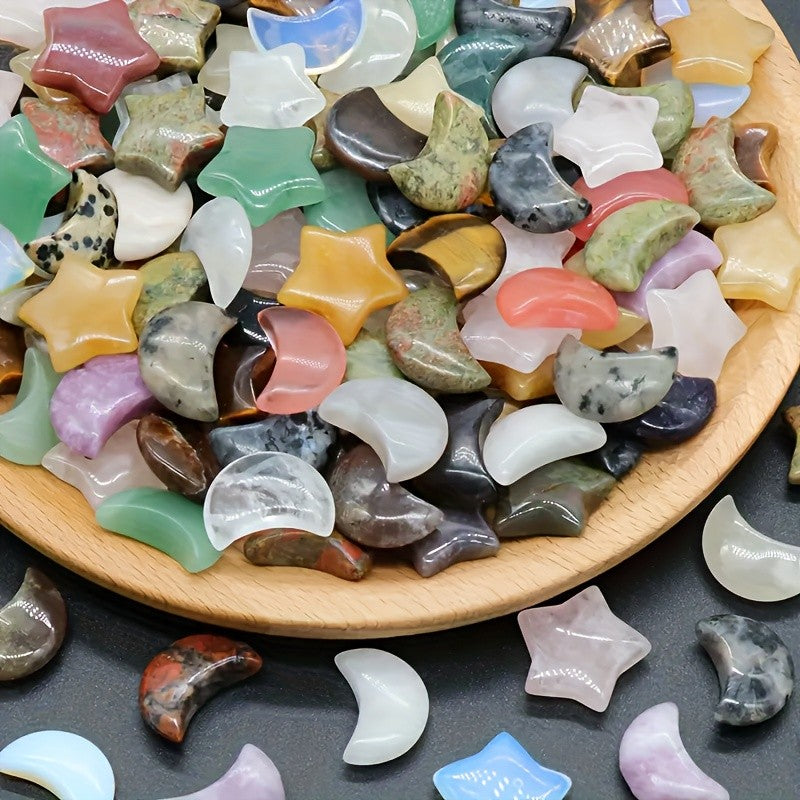 50pcs Random Stone Crystal Set, Star & Moon Crystal Worry Stones, Polished Thumb Gemstones For Meditation, Balancing, Reiki, Witchcraft, And for home Decor