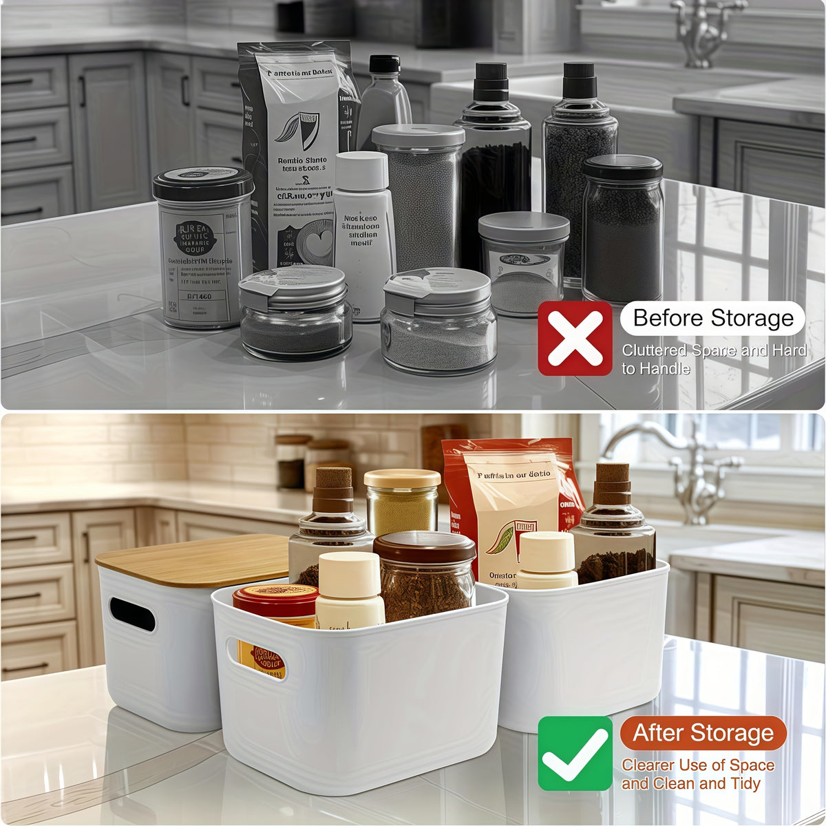 Storage Bins with Wood Lids, White Stackable Plastic Containers with Built-In Handles, 10.12 x 7.09 x 6.69 Inches in 1 2 4 or 8 Pack for Home Office Shelves