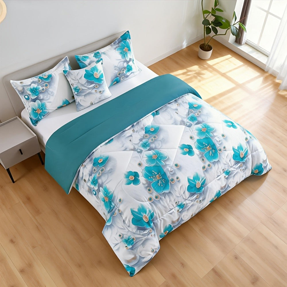 2/3pcs Teal Floral Bedding Comforter Set | Gradient Tones Oil Painting Style, Elegant Botanical Floral, Twin/Queen/King, Upgraded Luxury Quilt Set for All-Season, Bed in A Bag, Home Decor, Soft, Lightweight, Breathable, Microfiber, Ideal Family Gift