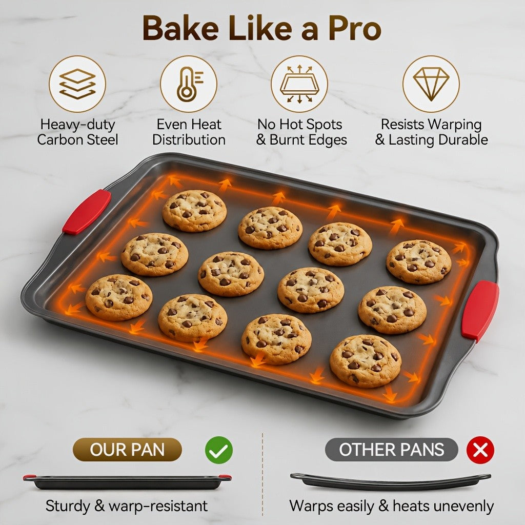 3pcs Nonstick Carbon Steel Oven Baking Pans Set With Detachable Silicone Handles, Premium Non-Stick Steel Bakeware Set, Commercial Grade Restaurant Quality Rimmed Sheets, Easy-Clean Baking Trays For Cookies, Pizza, Cake & Home Kitchen Use
