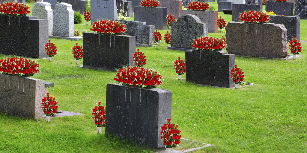 1/2/3pcs Artificial Cemetery Flower For Grave With Saddles, Artificial Silky Rose Flowers And Bouquets With Vases, Memorial Day Flowers For Cemetery, Outdoor Grave Headstones Decoration