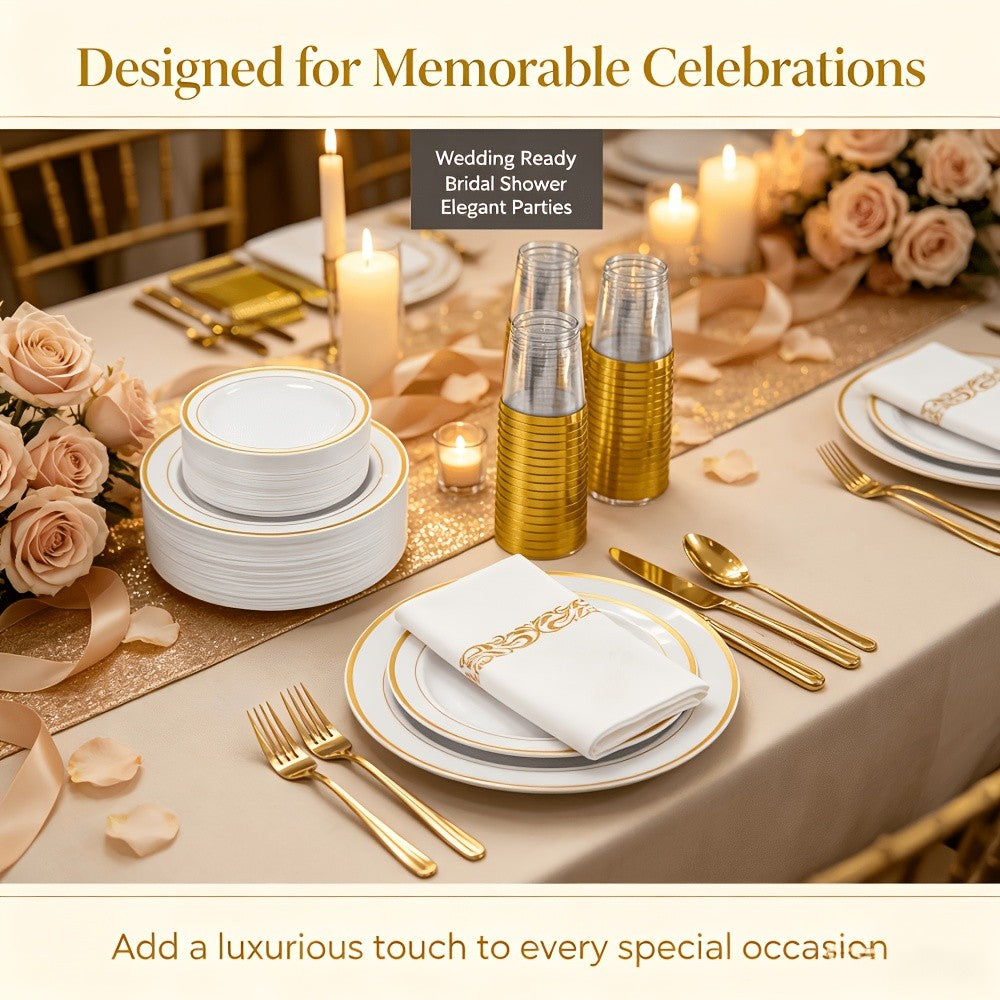 Set of 350/700 Golden/Silver Disposable Plates for 50/100 Guests, Disposable Plastic Plates for Parties, Wedding, Graduation, Birthday, Dinnerware Set of Dinner Plates, Salad Plates, Cutlery, Cups And Napkins