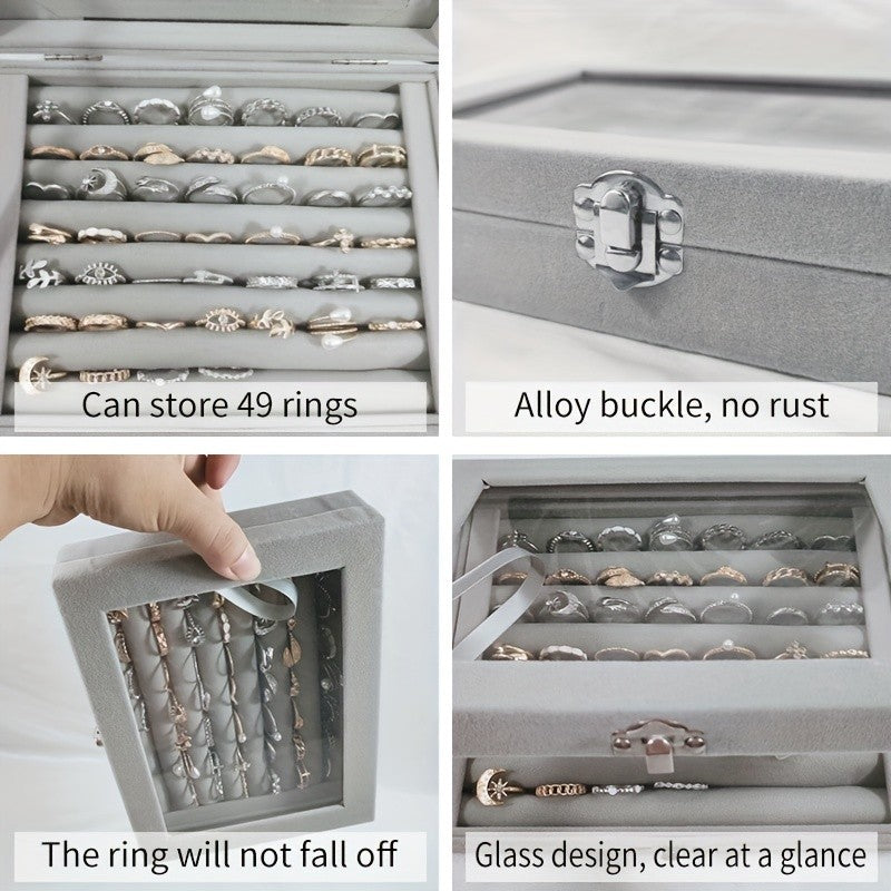 49-Ring Capacity Glass-Like Plastic Jewelry Box with Locking Lid - Large Rectangular Ring & Earring Storage Case for,, Dresser Organizer - Waterproof & Anti-Tarnish, 4 Colors (Black, White, Brown, Beige) - Holiday Gift, Jewelry Boxes